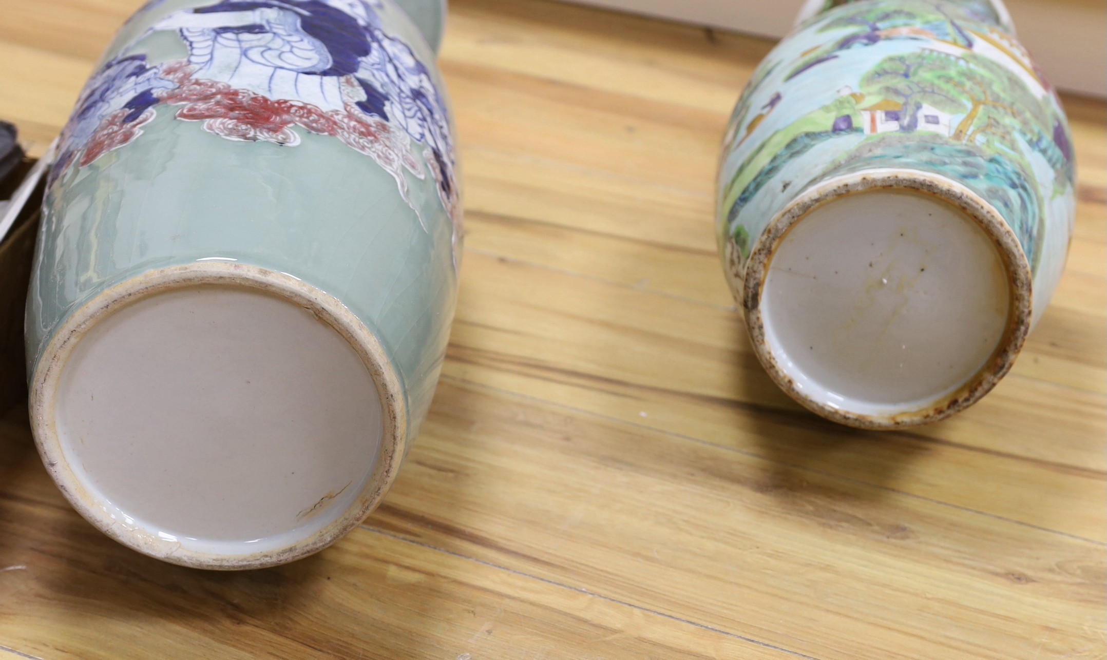 A Chinese enamelled porcelain vase and an underglaze and copper red large celadon glazed vase, tallest 57.5cms high (2)